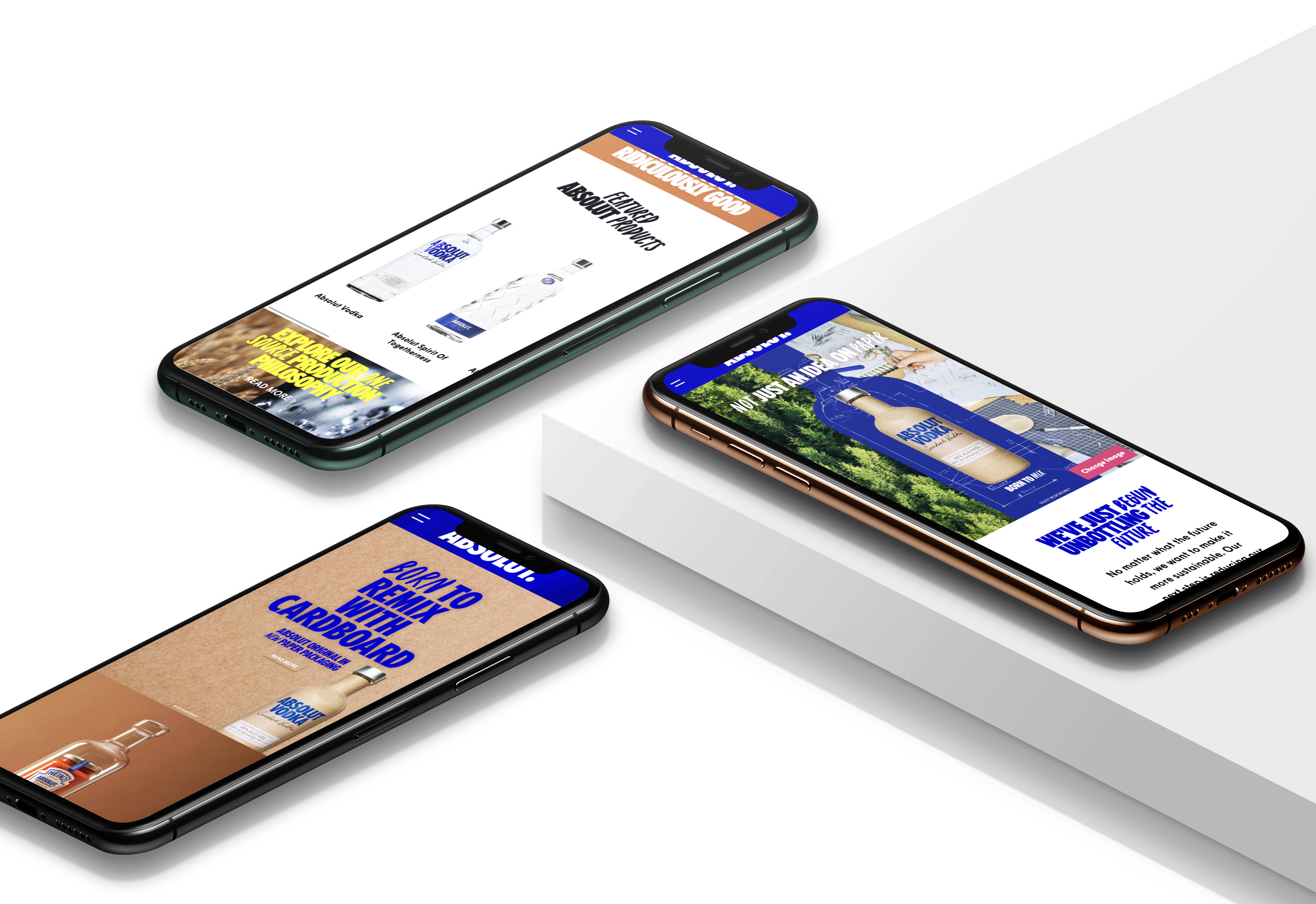 a picture of three phone with the website absolut vodka