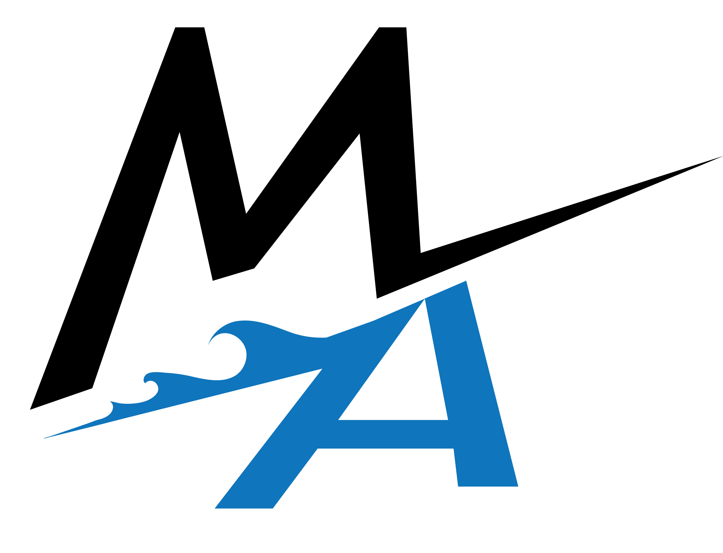 Logo with a black M and a Blue A with a wave